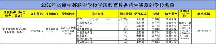 石家庄冀联医学中等专业学校2026年具备招生资质